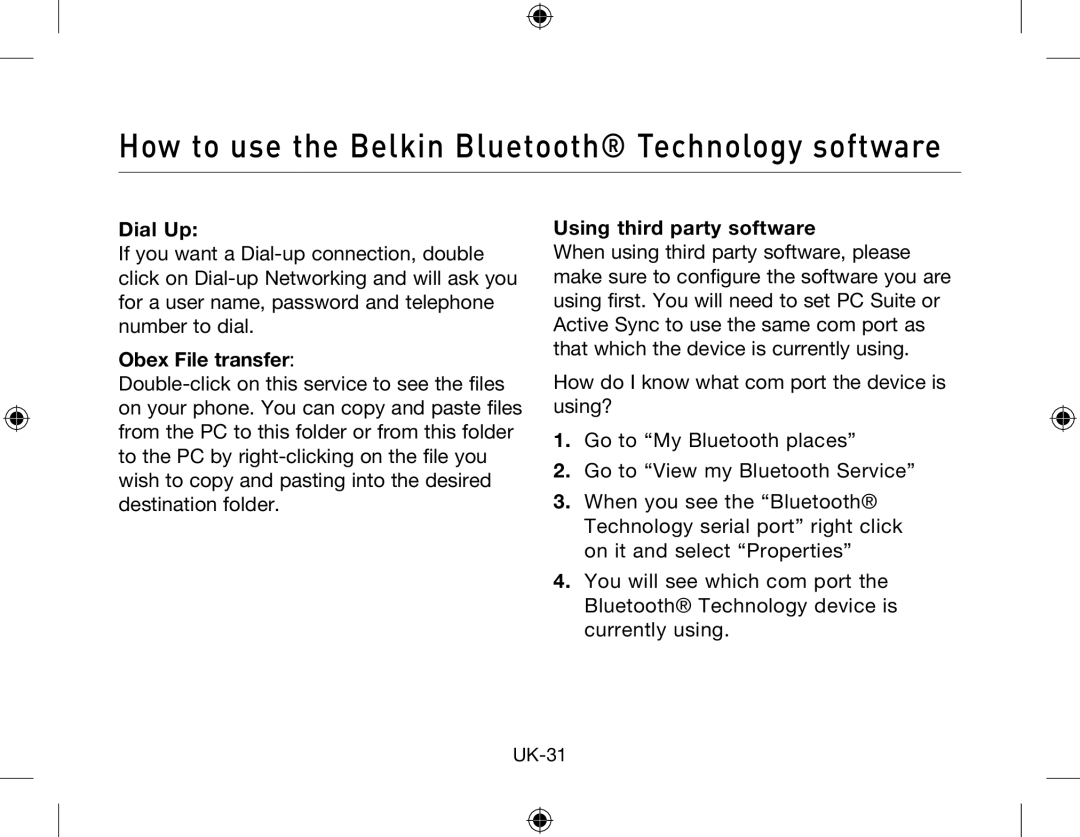 Belkin Network Adapror manual Dial Up, Obex File transfer, Using third party software 