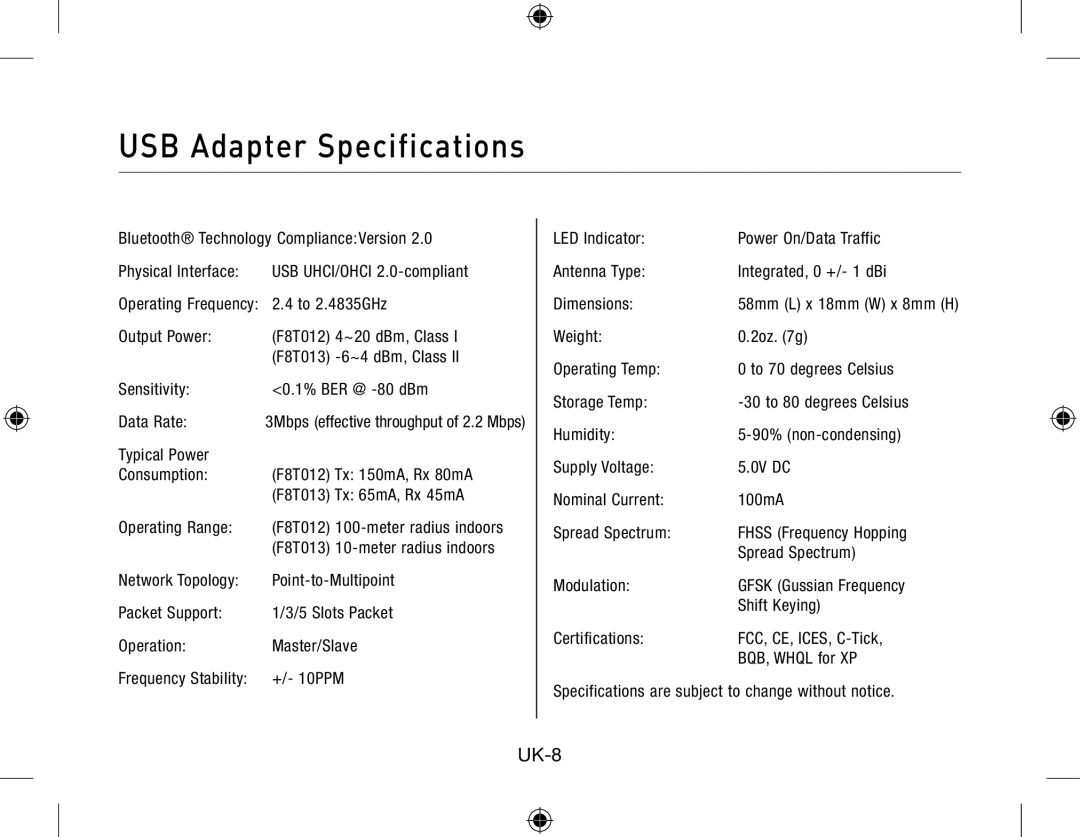 Belkin Network Adapror manual USB Adapter Specifications, UK-8 