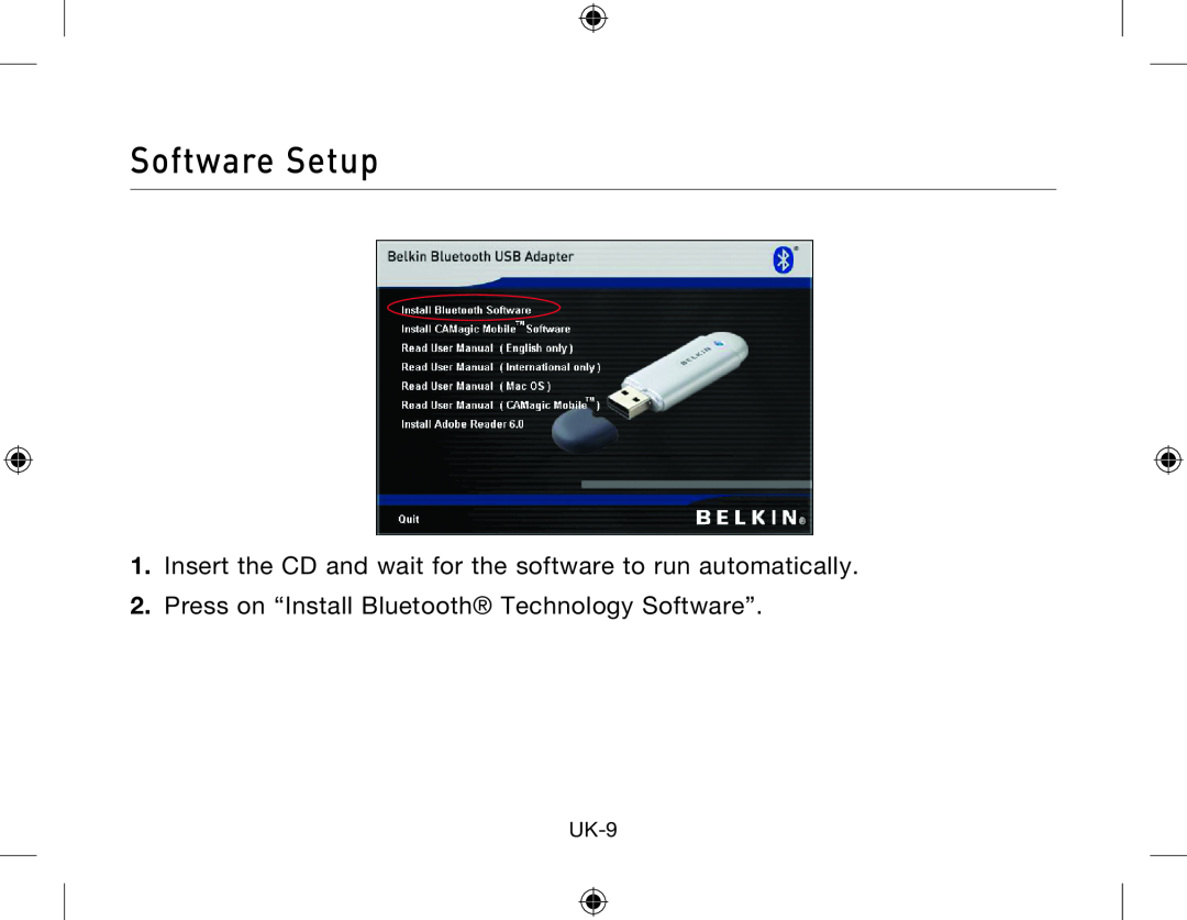Belkin Network Adapror manual Software Setup, Insert the CD and wait for the software to run automatically, UK-9 
