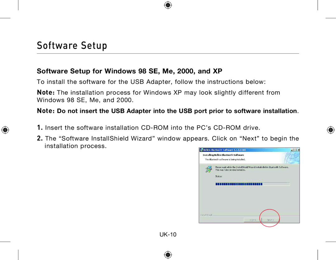 Belkin Network Adapror manual Software Setup for Windows 98 SE, Me, 2000, and XP 