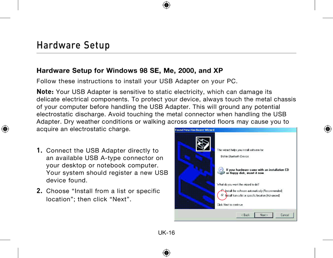 Belkin Network Adapror manual Hardware Setup for Windows 98 SE, Me, 2000, and XP 