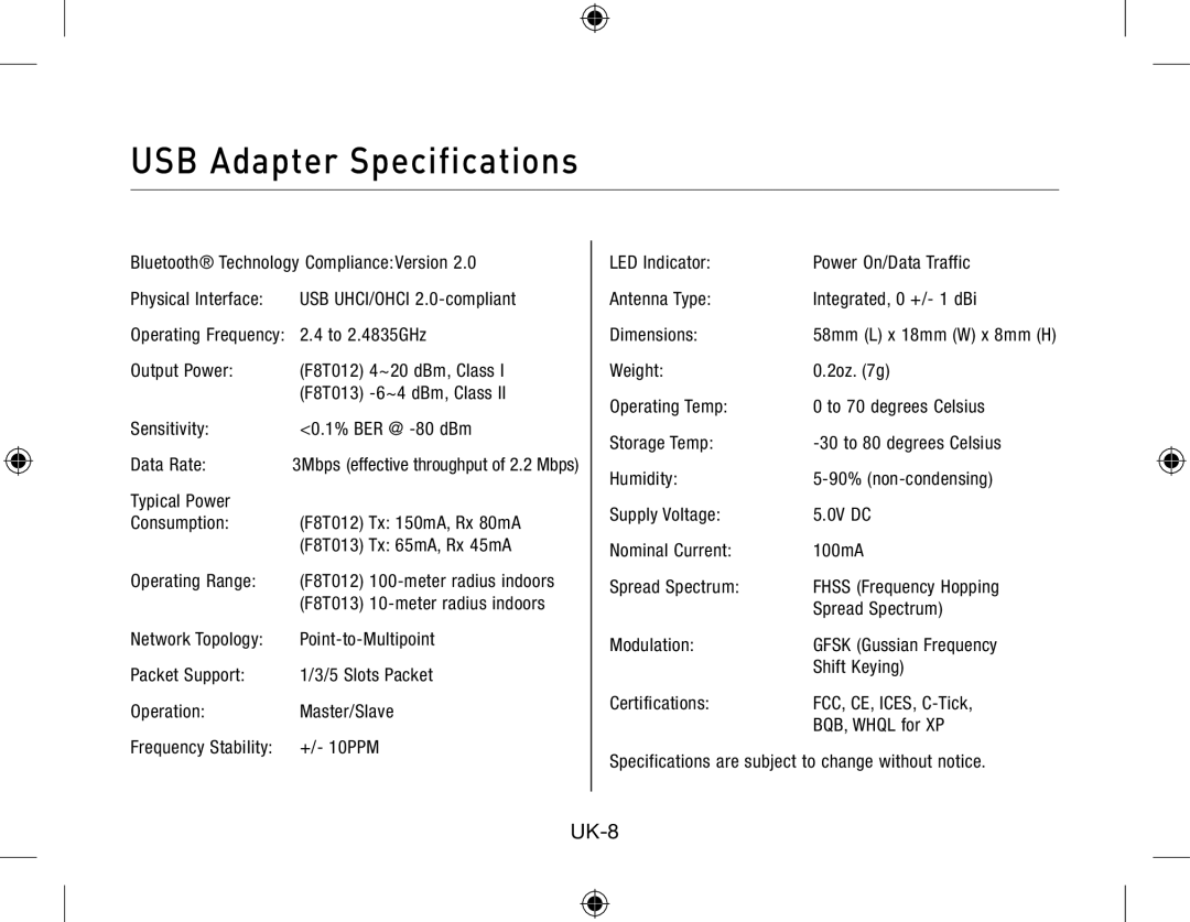 Belkin Network Adapror manual USB Adapter Specifications 