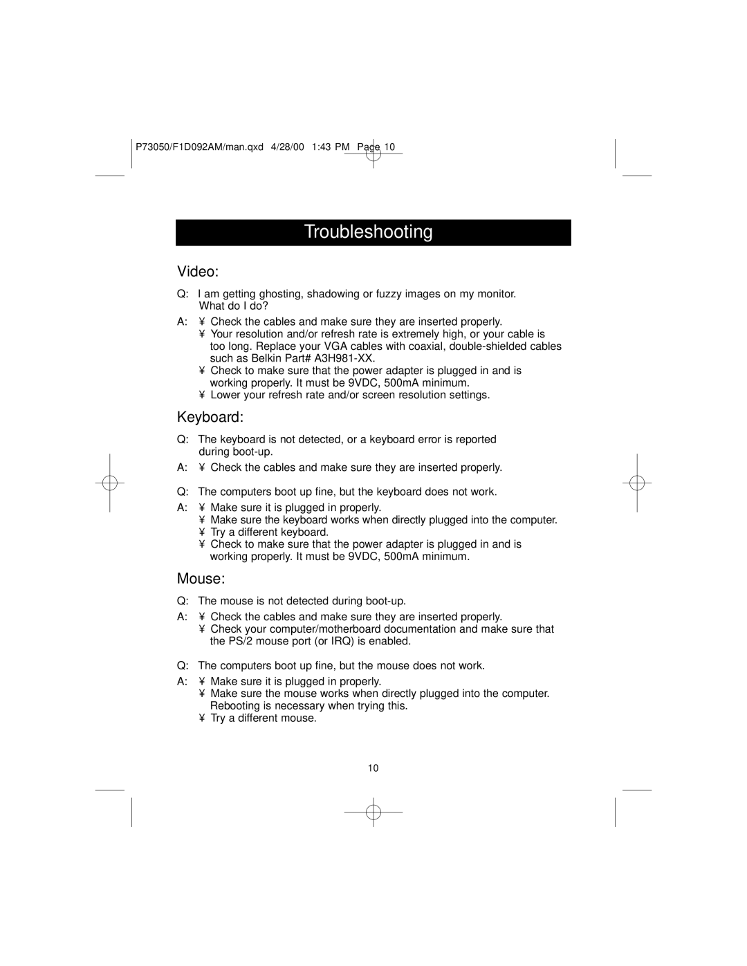 Belkin OmniCube user manual Troubleshooting, Video, Keyboard, Mouse 