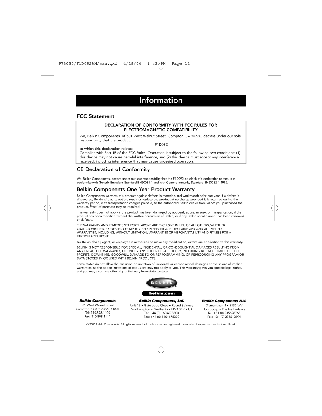 Belkin OmniCube Information, FCC Statement, CE Declaration of Conformity, Belkin Components One Year Product Warranty 