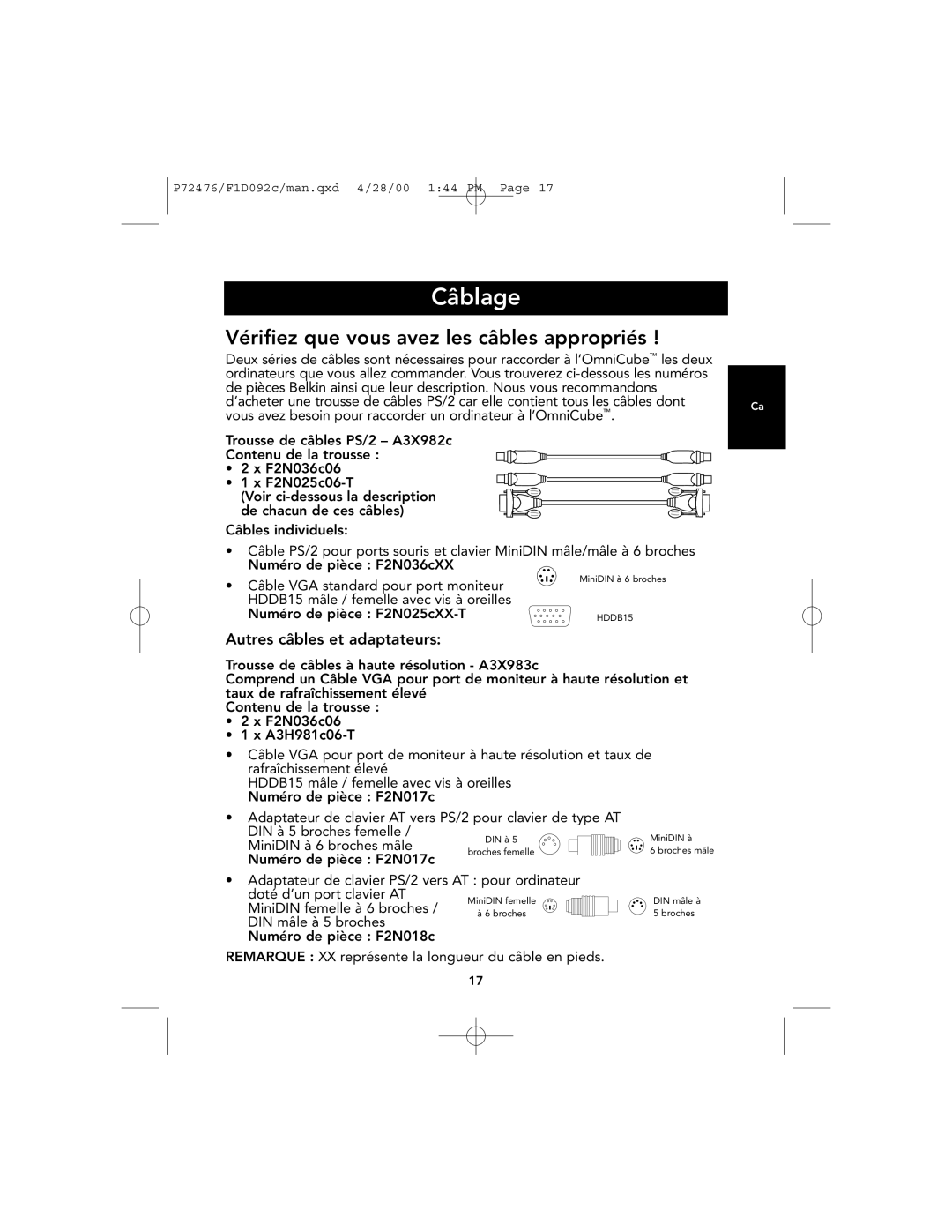 Belkin OmniCube user manual Câblage, Autres câbles et adaptateurs 