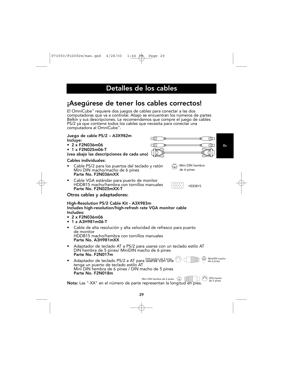 Belkin OmniCube user manual Detalles de los cables, Otros cables y adaptadores 