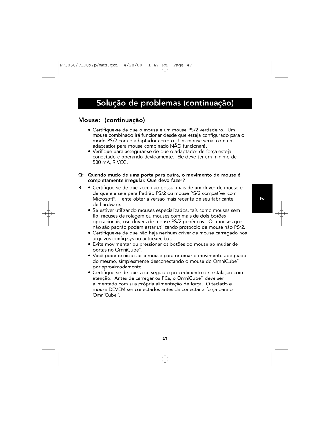 Belkin OmniCube user manual Solução de problemas continuação, Mouse continuação 