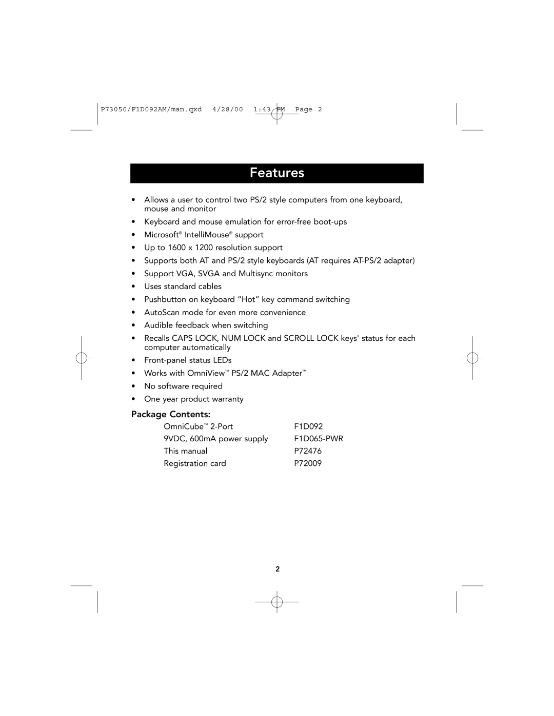 Belkin OmniCube user manual Features, Package Contents 