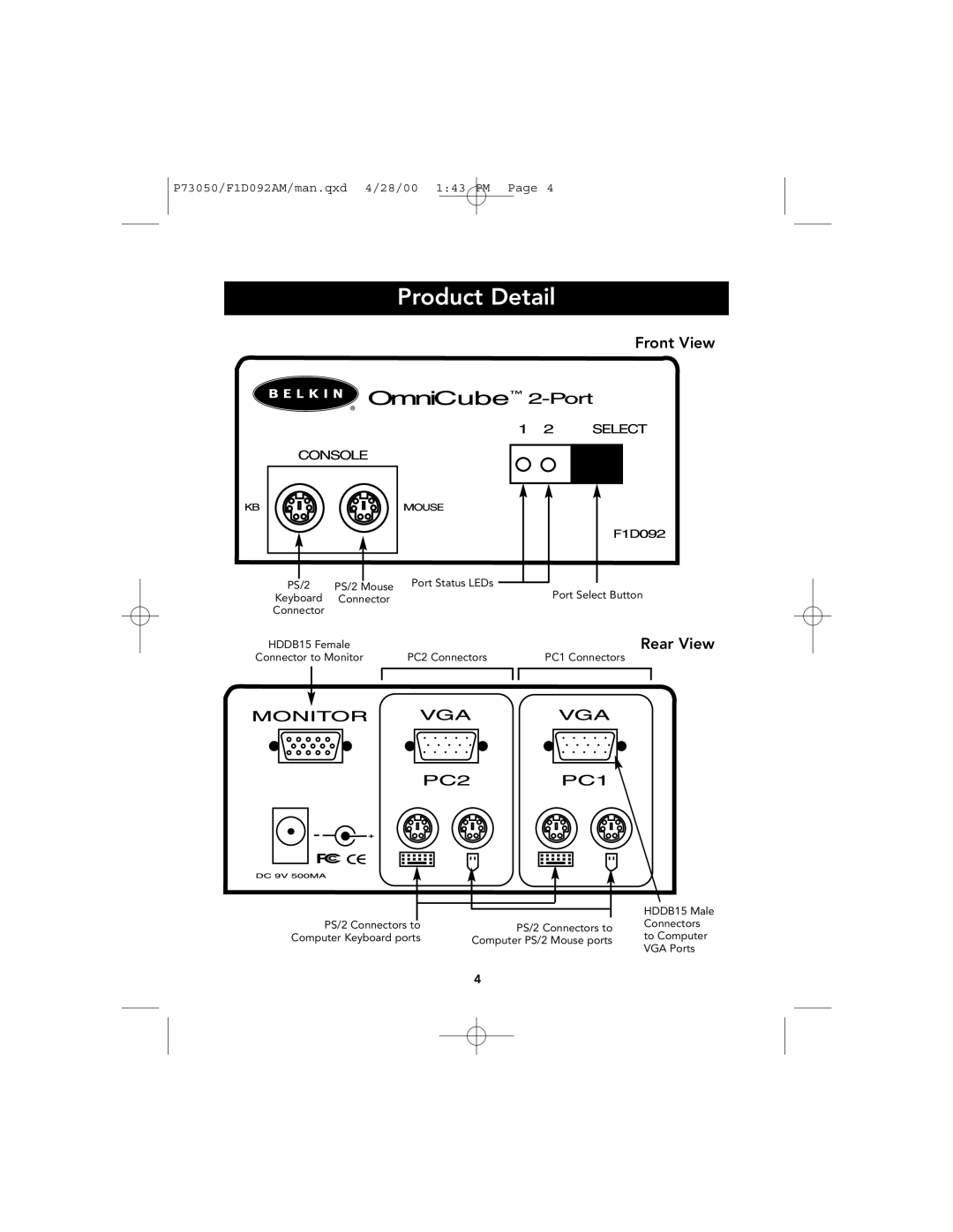 Belkin OmniCube user manual Product Detail, Front View, Rear View 