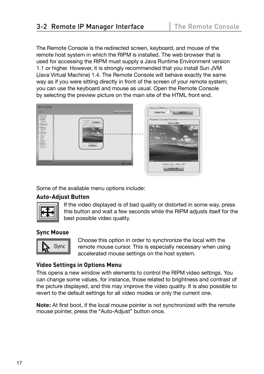 Belkin OmniView manual Auto-Adjust Button, Sync Mouse, Video Settings in Options Menu 