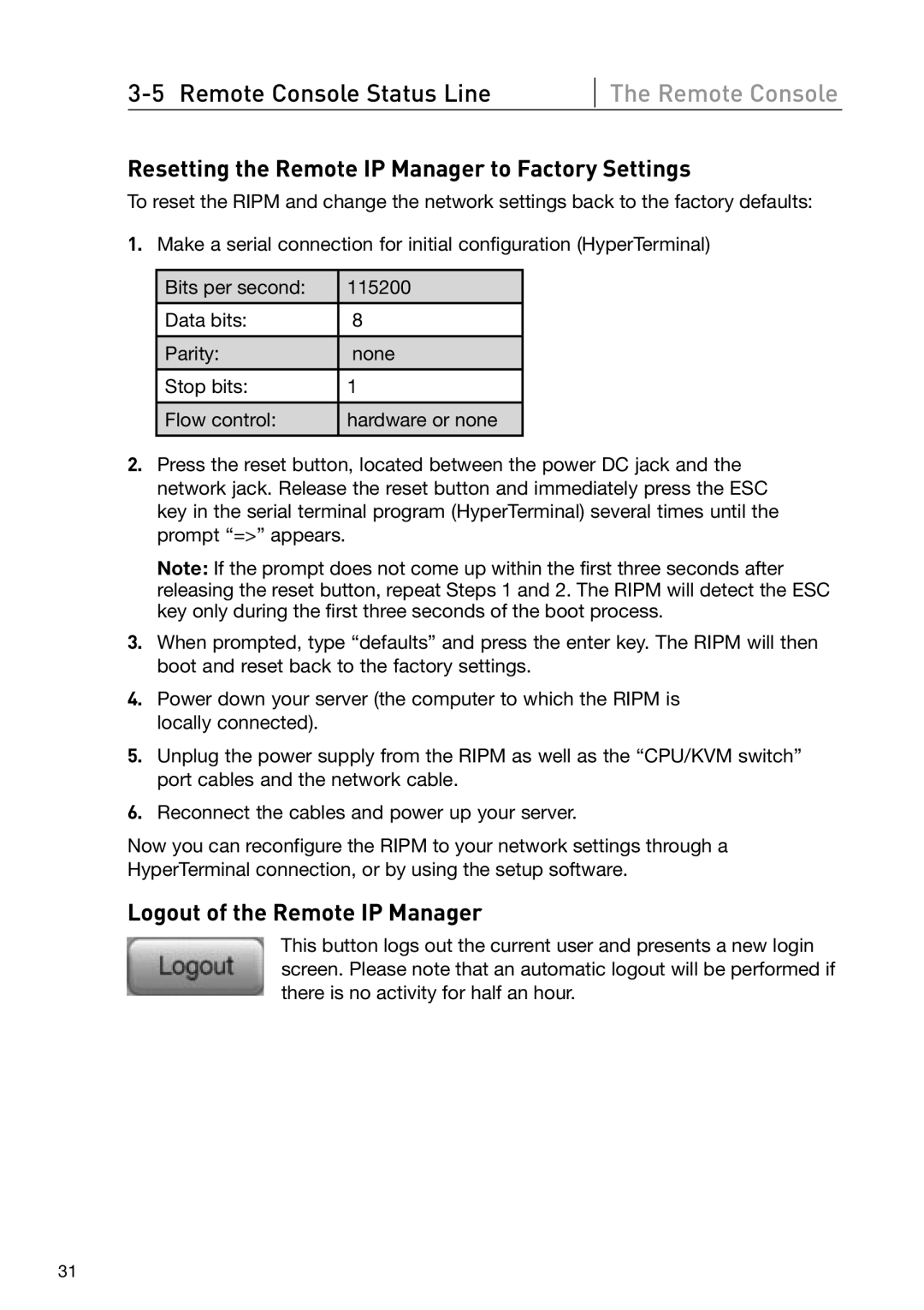 Belkin OmniView manual Resetting the Remote IP Manager to Factory Settings, Logout of the Remote IP Manager 