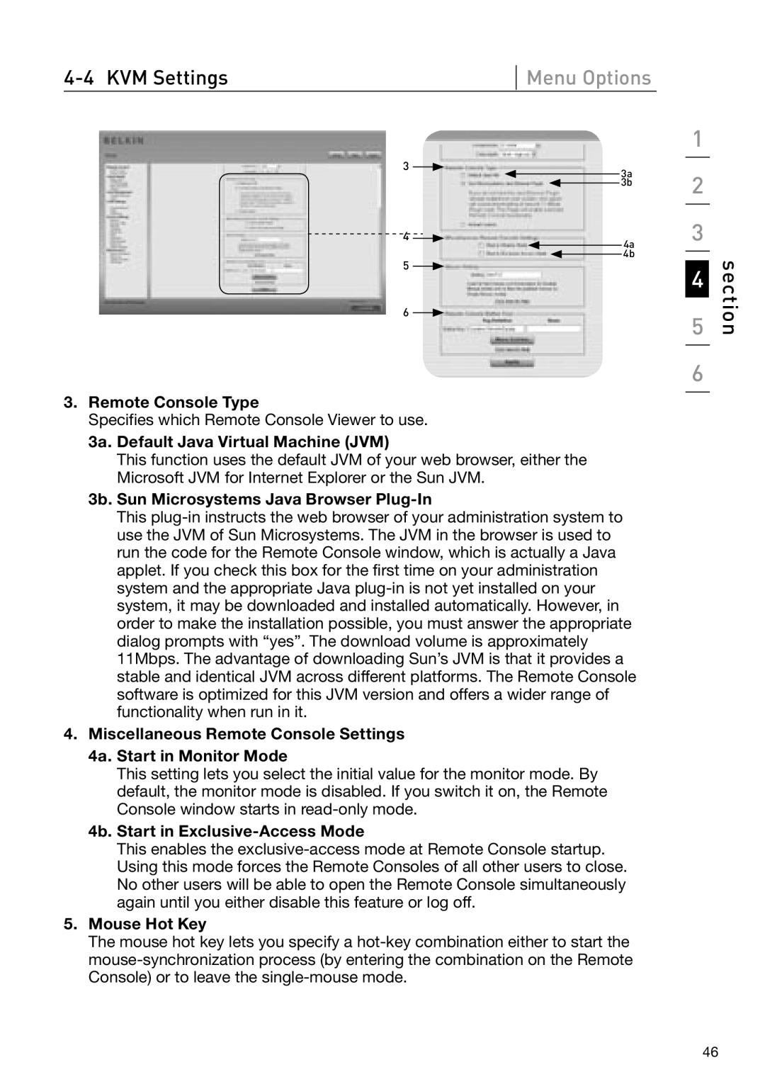 Belkin OmniView manual Remote Console Type, 3a. Default Java Virtual Machine JVM, 3b. Sun Microsystems Java Browser Plug-In 