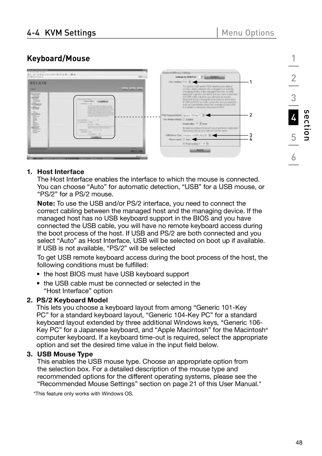 Belkin OmniView manual Keyboard/Mouse, Host Interface, PS/2 Keyboard Model, USB Mouse Type 