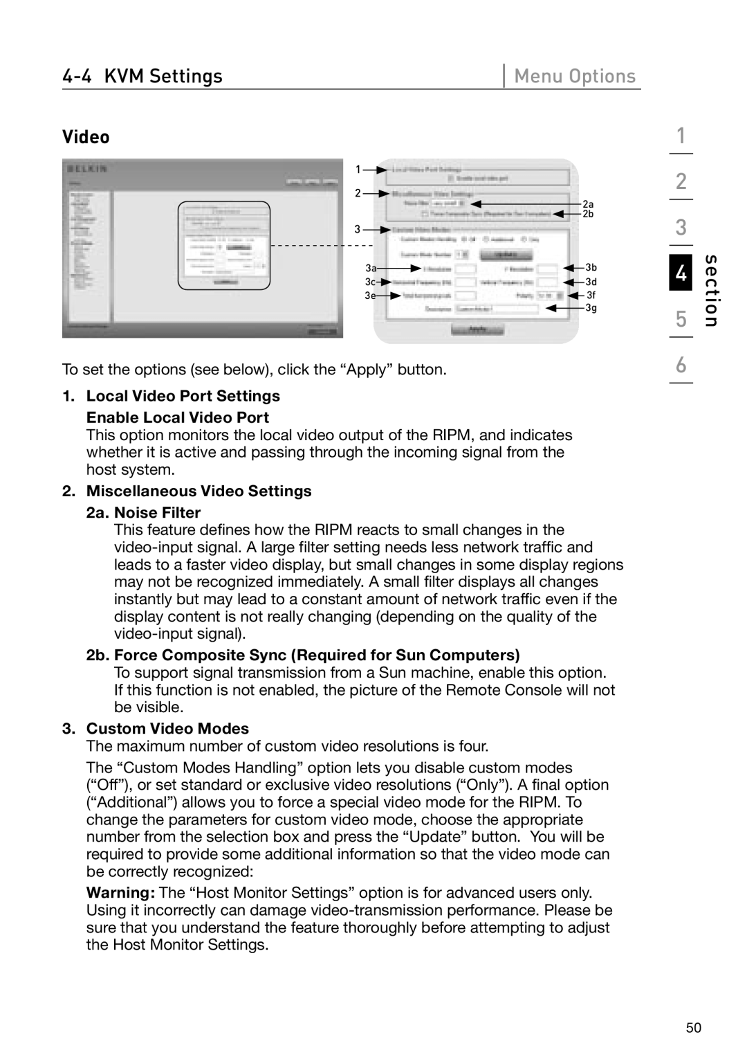 Belkin OmniView manual Local Video Port Settings Enable Local Video Port, Miscellaneous Video Settings 2a. Noise Filter 