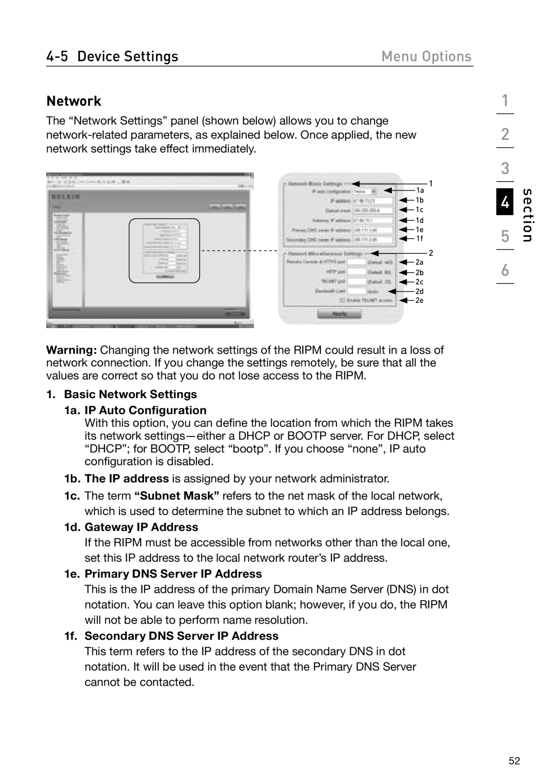 Belkin OmniView manual Basic Network Settings 1a. IP Auto Configuration, 1d. Gateway IP Address 