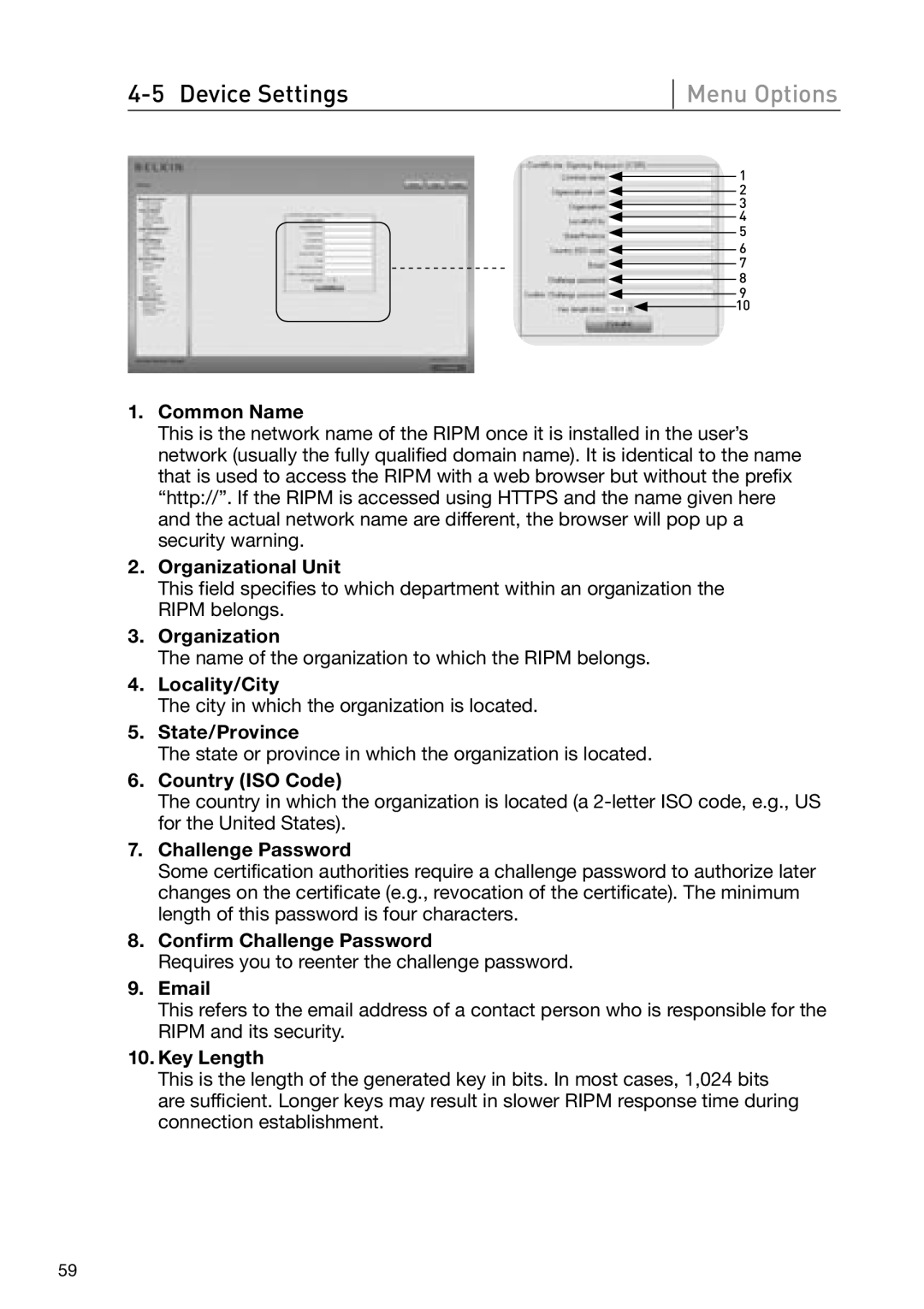 Belkin OmniView Common Name, Organizational Unit, Locality/City, State/Province, Country ISO Code, Challenge Password 