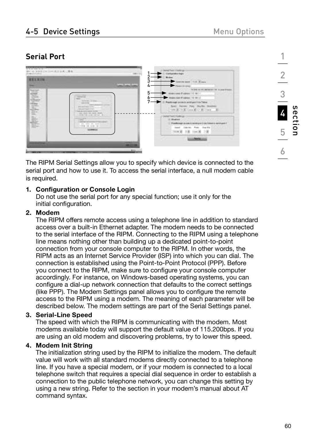 Belkin OmniView manual Serial Port, Configuration or Console Login, Serial-Line Speed, Modem Init String 