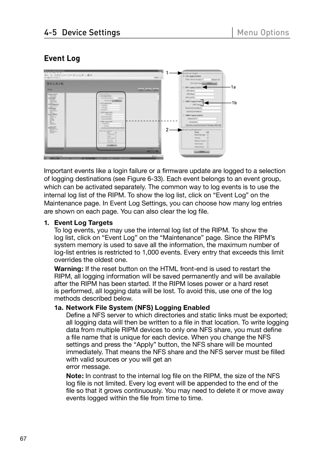 Belkin OmniView manual Event Log Targets, 1a. Network File System NFS Logging Enabled 