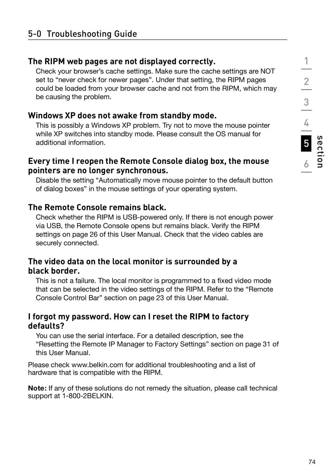 Belkin OmniView manual Ripm web pages are not displayed correctly, Windows XP does not awake from standby mode 