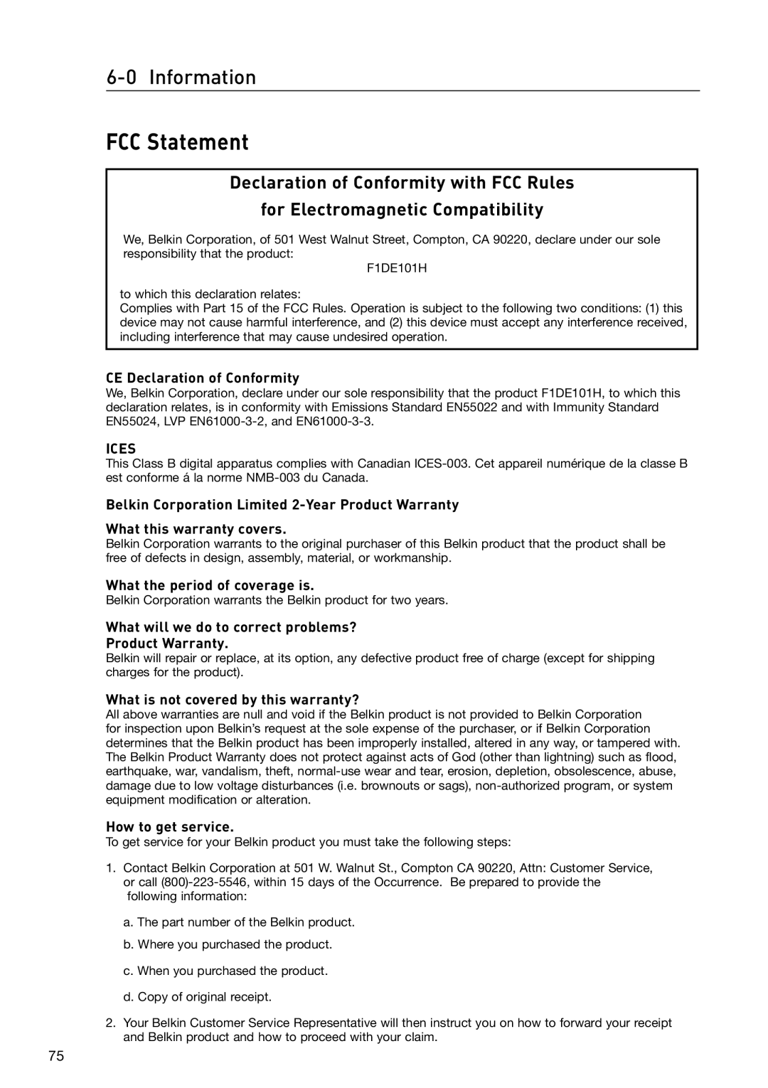 Belkin OmniView manual FCC Statement 