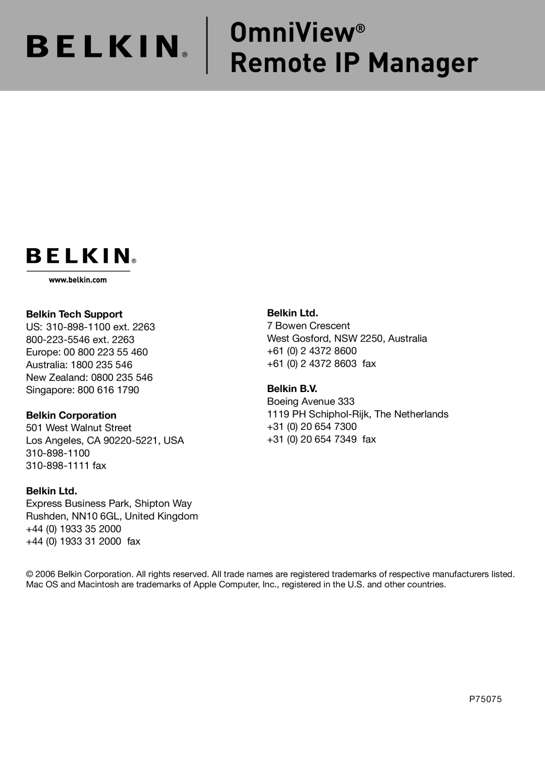 Belkin OmniView manual Belkin B.V 