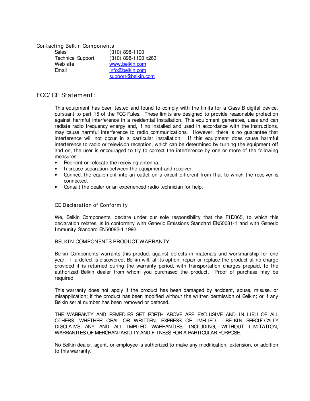 Belkin P72021 warranty FCC/CE Statement, Contacting Belkin Components, CE Declaration of Conformity 