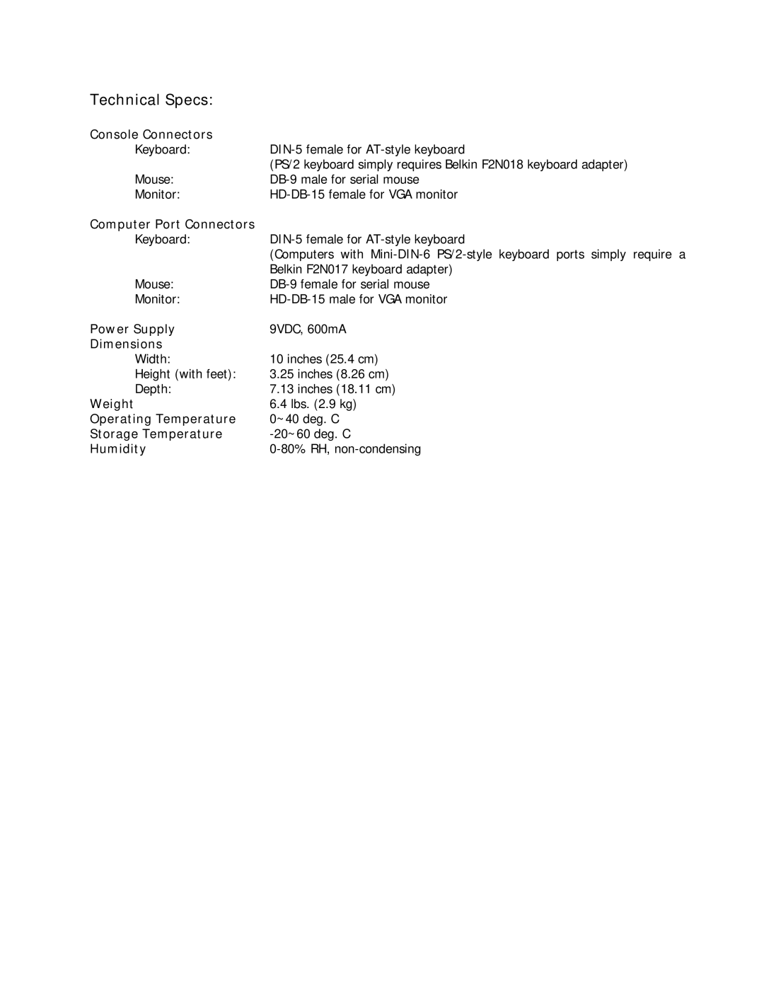 Belkin P72021 warranty Technical Specs 