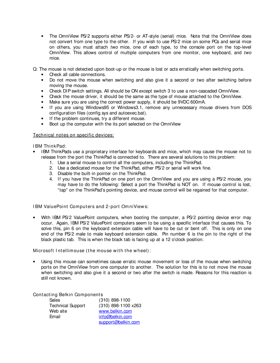 Belkin P72114 warranty Technical notes on specific devices IBM ThinkPad, IBM ValuePoint Computers and 2-port OmniViews 