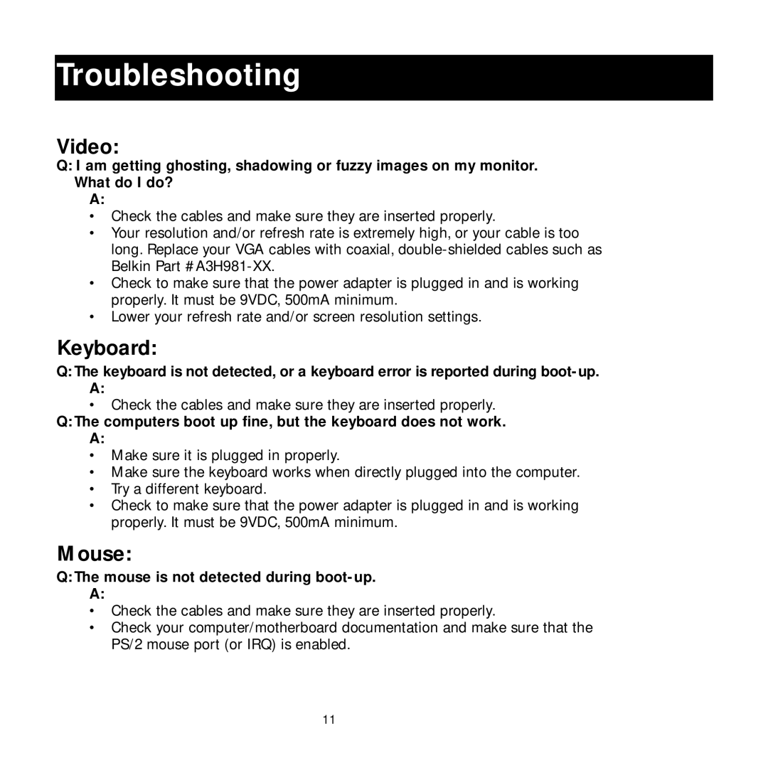 Belkin P72462 user manual Troubleshooting, Video 