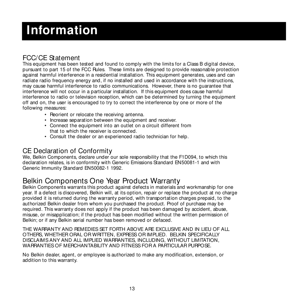 Belkin P72462 user manual Information, FCC/CE Statement 