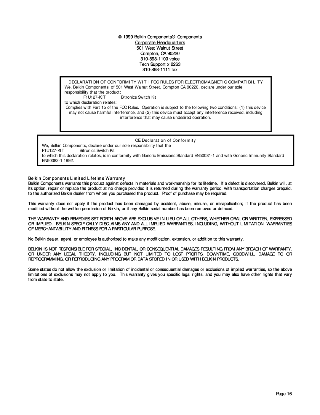 Belkin P72655 user manual CE Declaration of Conformity, Belkin Components Limited Lifetime Warranty 