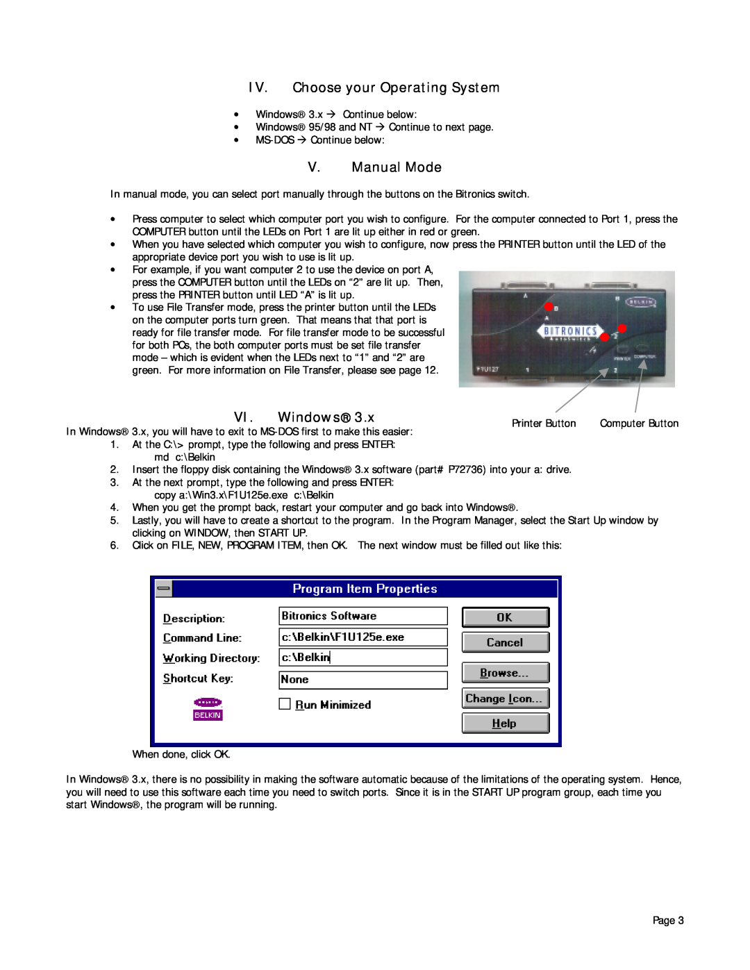 Belkin P72655 user manual IV. Choose your Operating System, V. Manual Mode, Windows 
