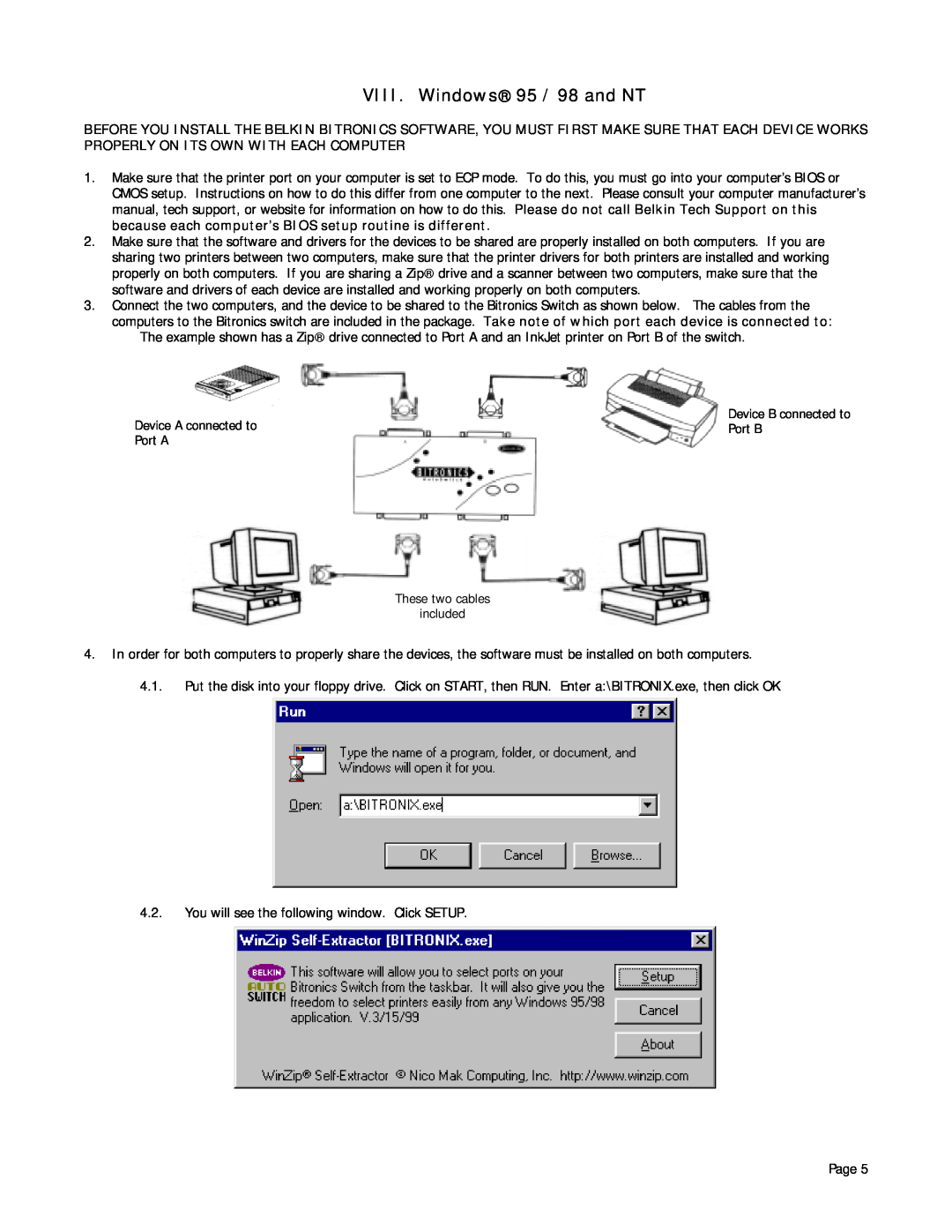 Belkin P72655 user manual VIII. Windows 95 / 98 and NT 