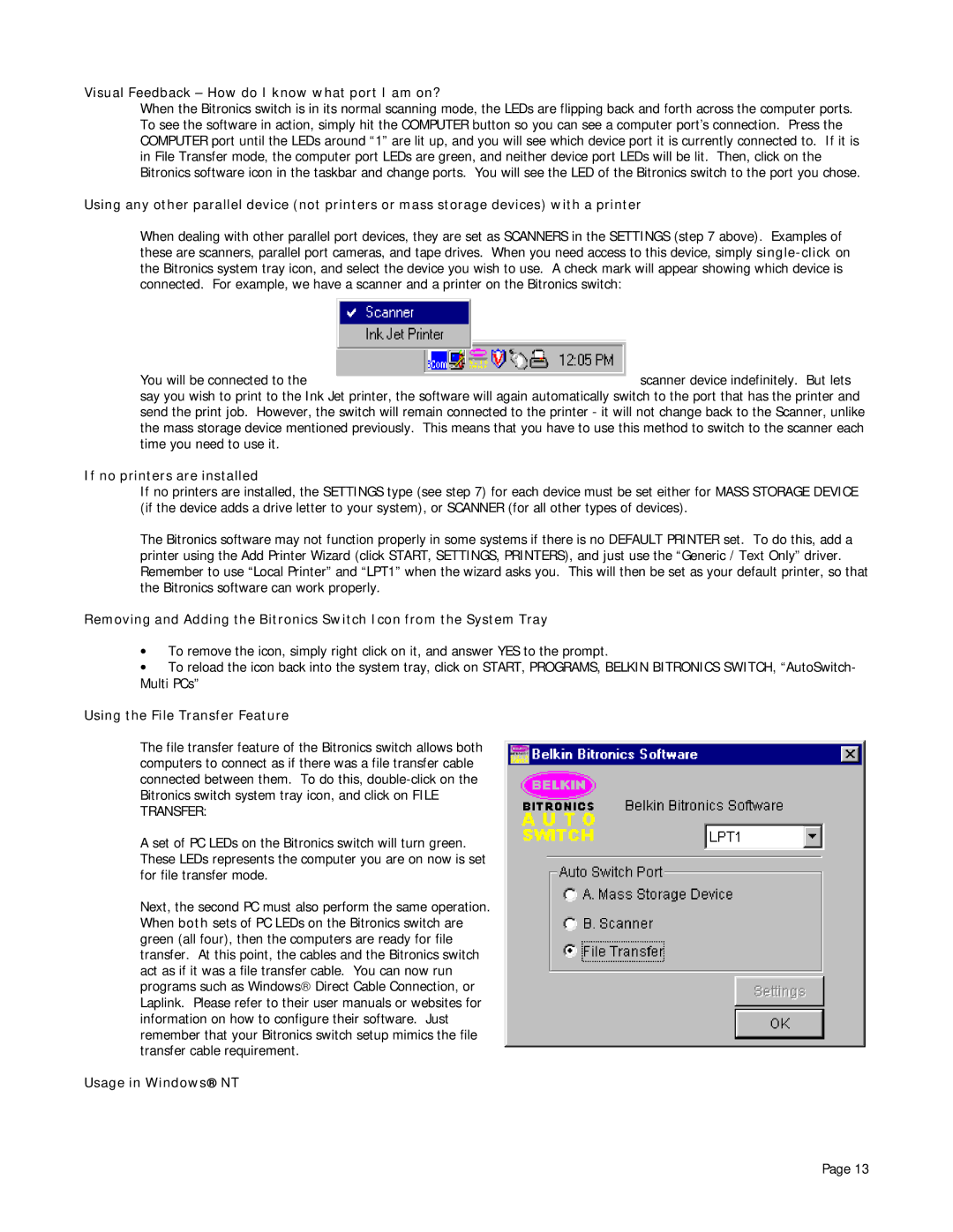 Belkin P72655 Visual Feedback How do I know what port I am on?, If no printers are installed, Usage in Windows NT 