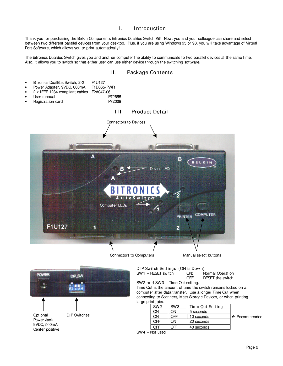 Belkin P72655 user manual Introduction, II. Package Contents, III. Product Detail 