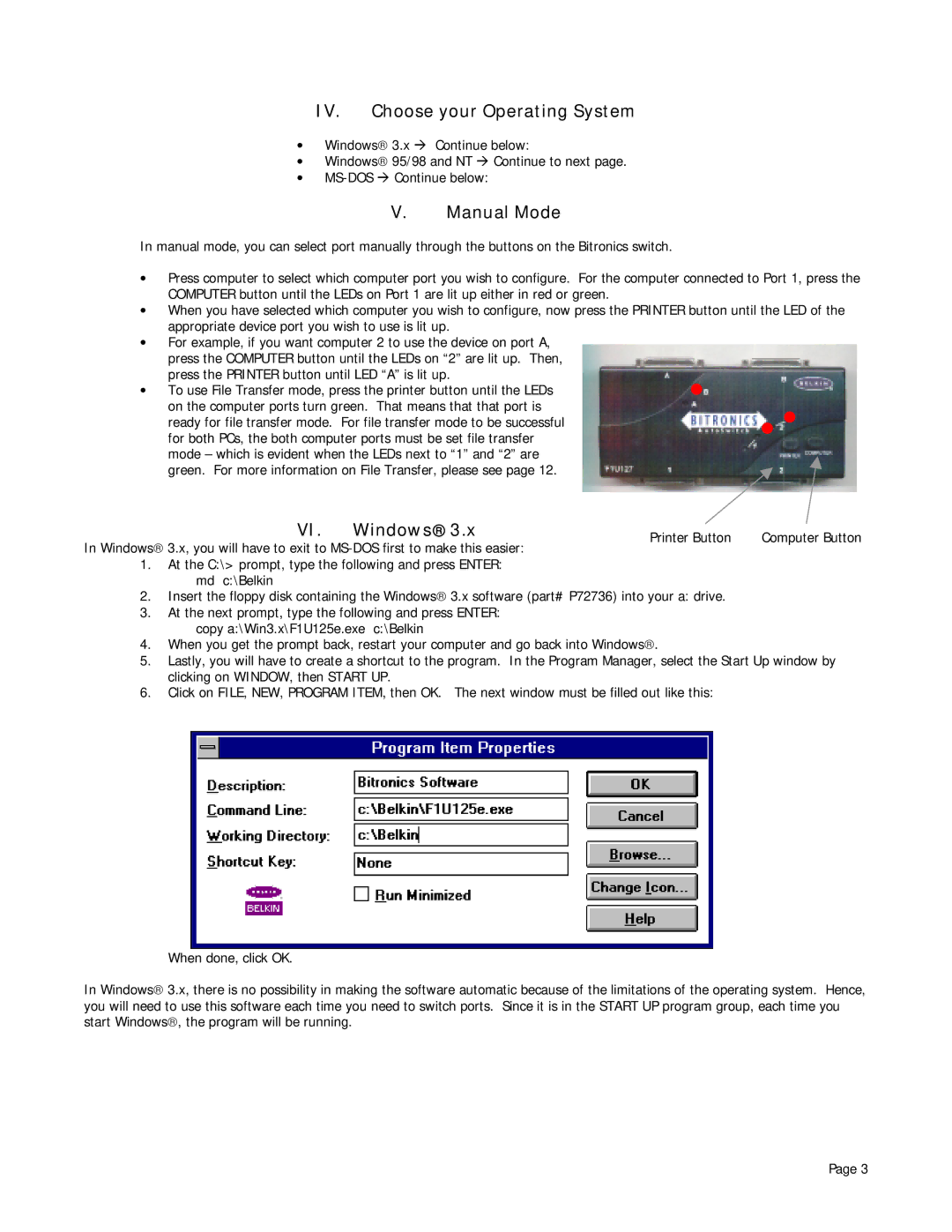 Belkin P72655 user manual IV. Choose your Operating System, Manual Mode, Windows 