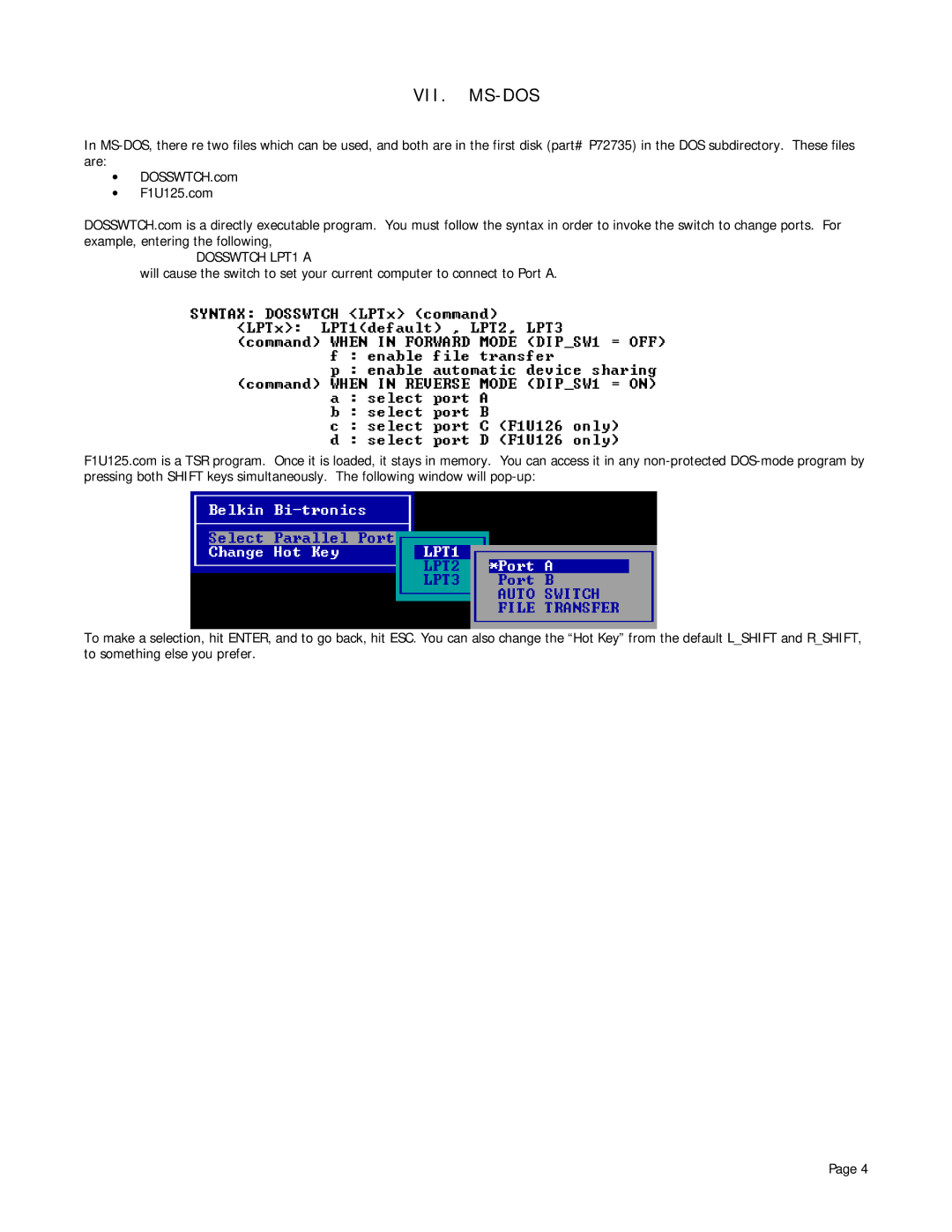 Belkin P72655 user manual Vii. Ms-Dos 