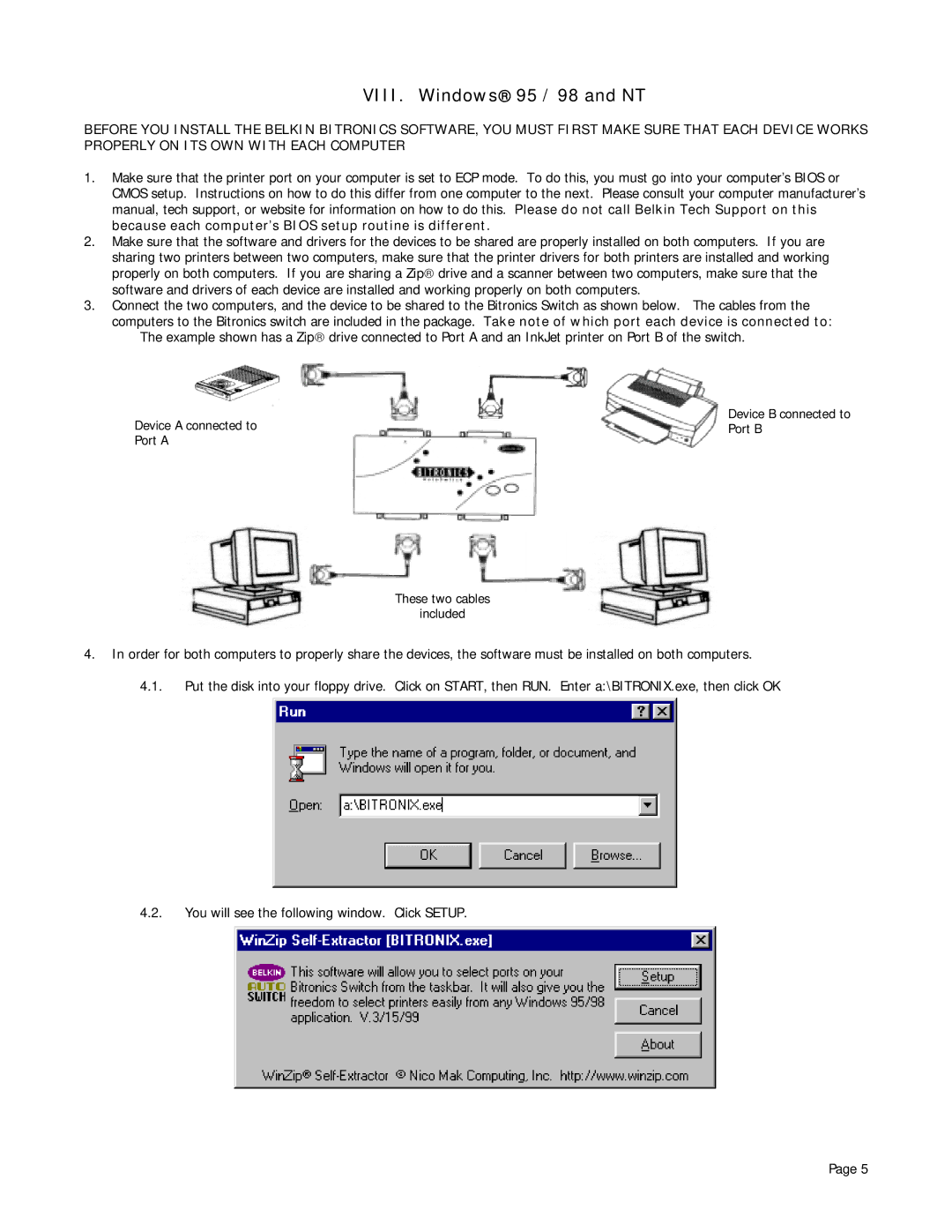 Belkin P72655 user manual VIII. Windows 95 / 98 and NT 