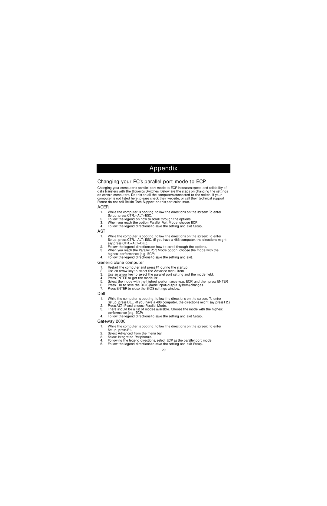 Belkin F1U128-KIT, P73045 Appendix, Changing your PC’s parallel port mode to ECP, Generic clone computer, Dell, Gateway 