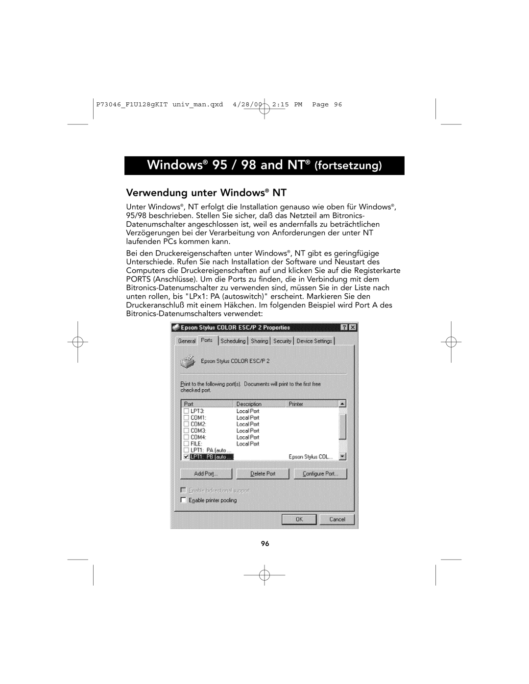 Belkin P73046, F1U128 user manual Verwendung unter Windows NT 