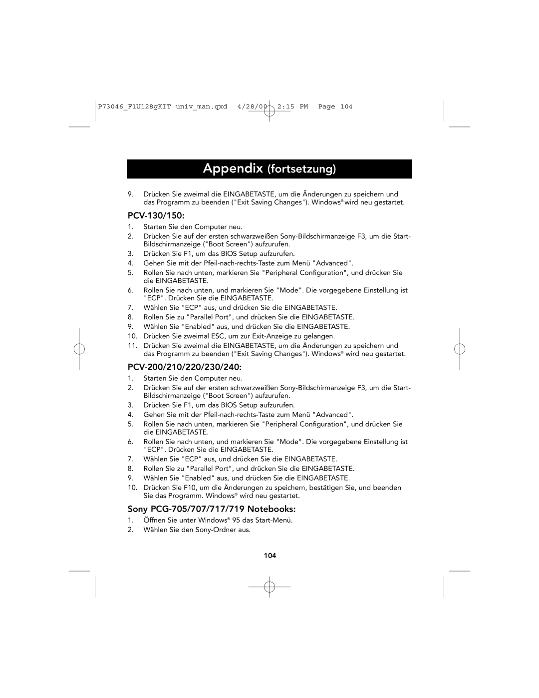 Belkin P73046, F1U128 user manual PCV-130/150, PCV-200/210/220/230/240, Sony PCG-705/707/717/719 Notebooks 