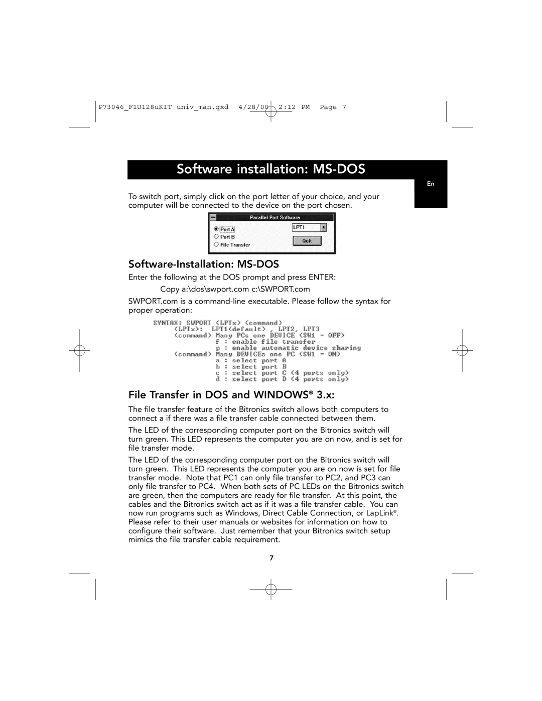 Belkin F1U128, P73046 user manual Software installation MS-DOS 