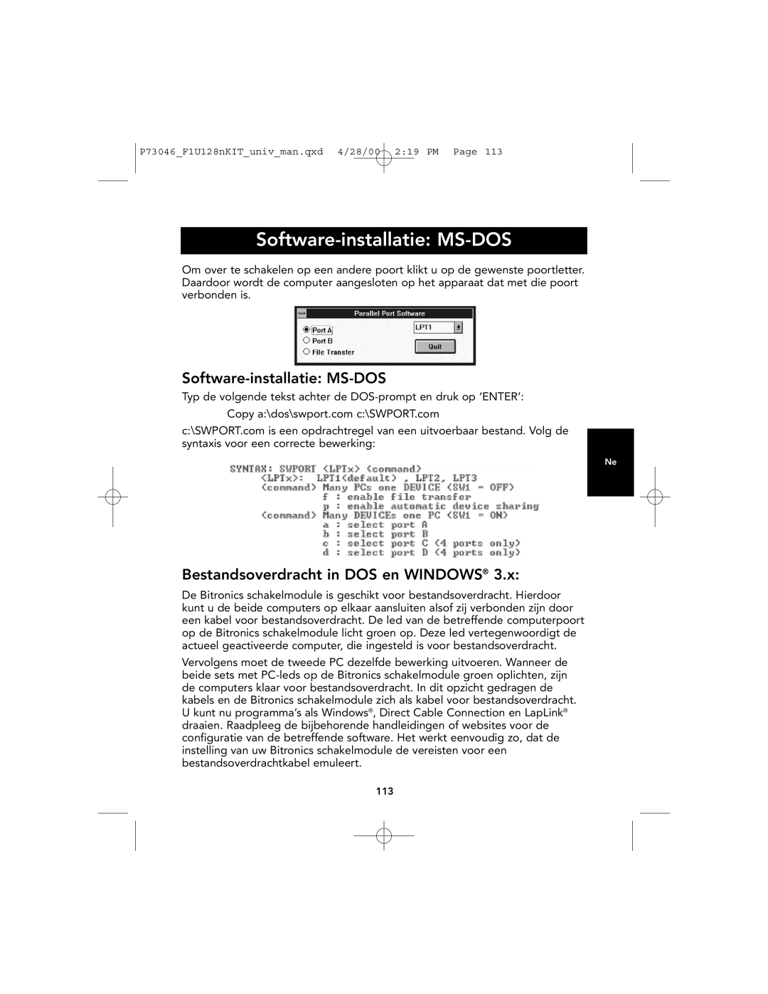 Belkin F1U128, P73046 user manual Software-installatie MS-DOS 