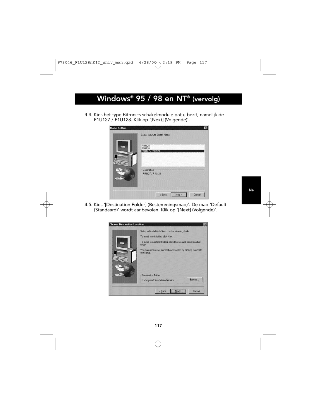 Belkin F1U128, P73046 user manual Windows 95 / 98 en NT vervolg 