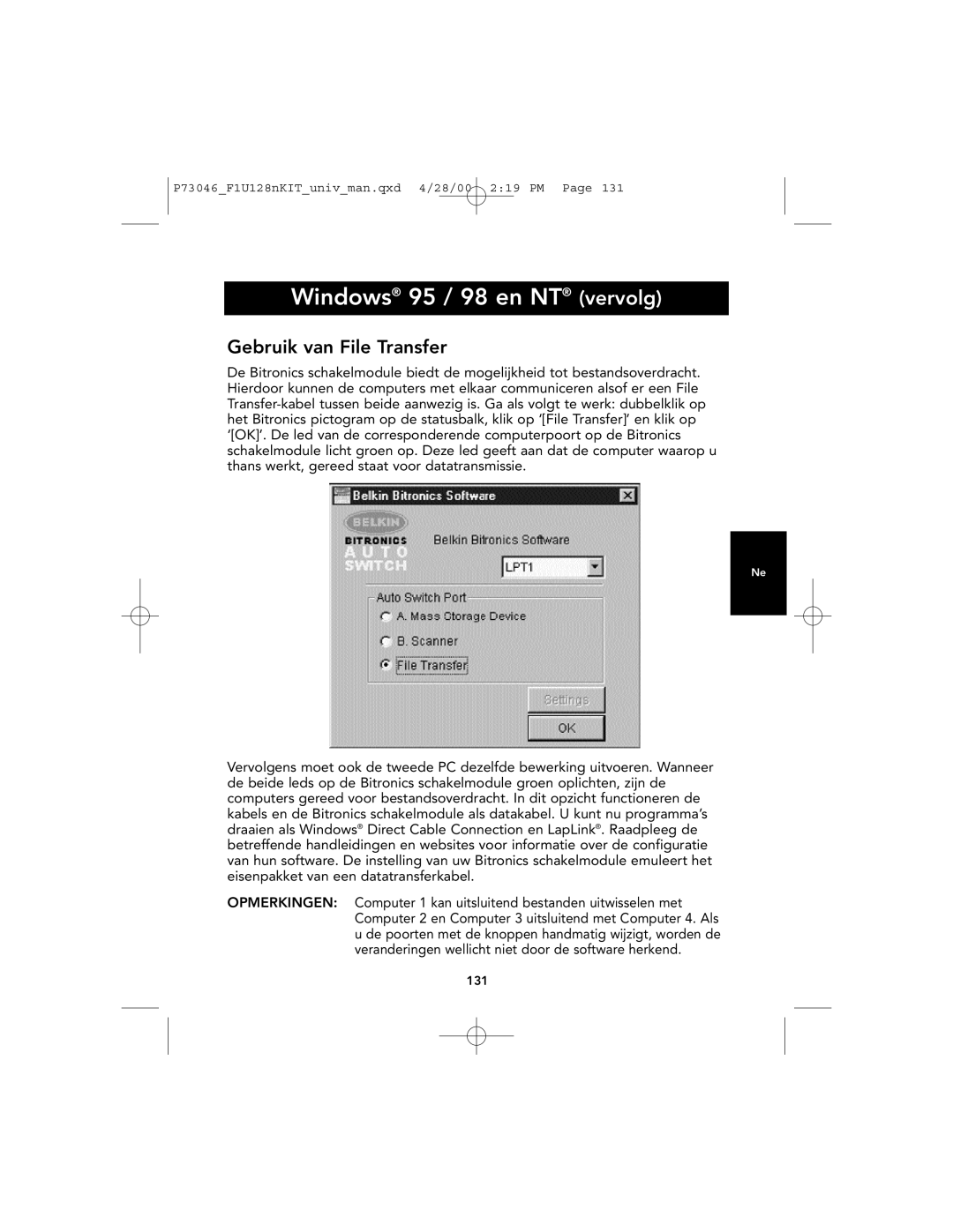 Belkin F1U128, P73046 user manual Gebruik van File Transfer 