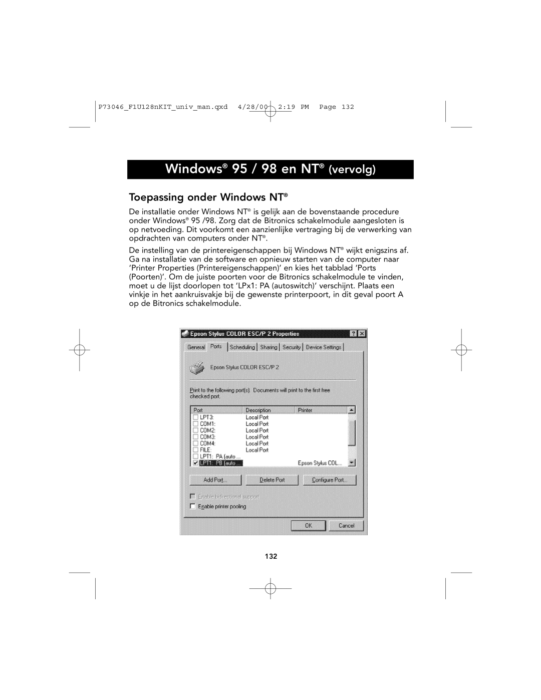 Belkin P73046, F1U128 user manual Toepassing onder Windows NT 