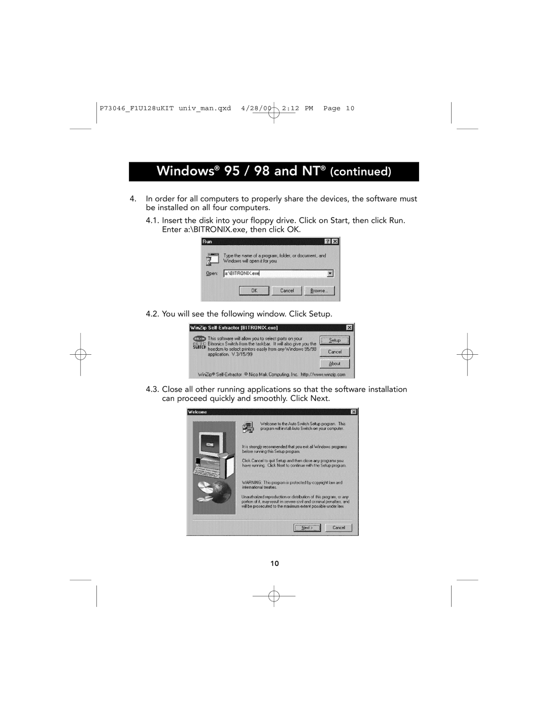 Belkin P73046, F1U128 user manual Windows 95 / 98 and NT 