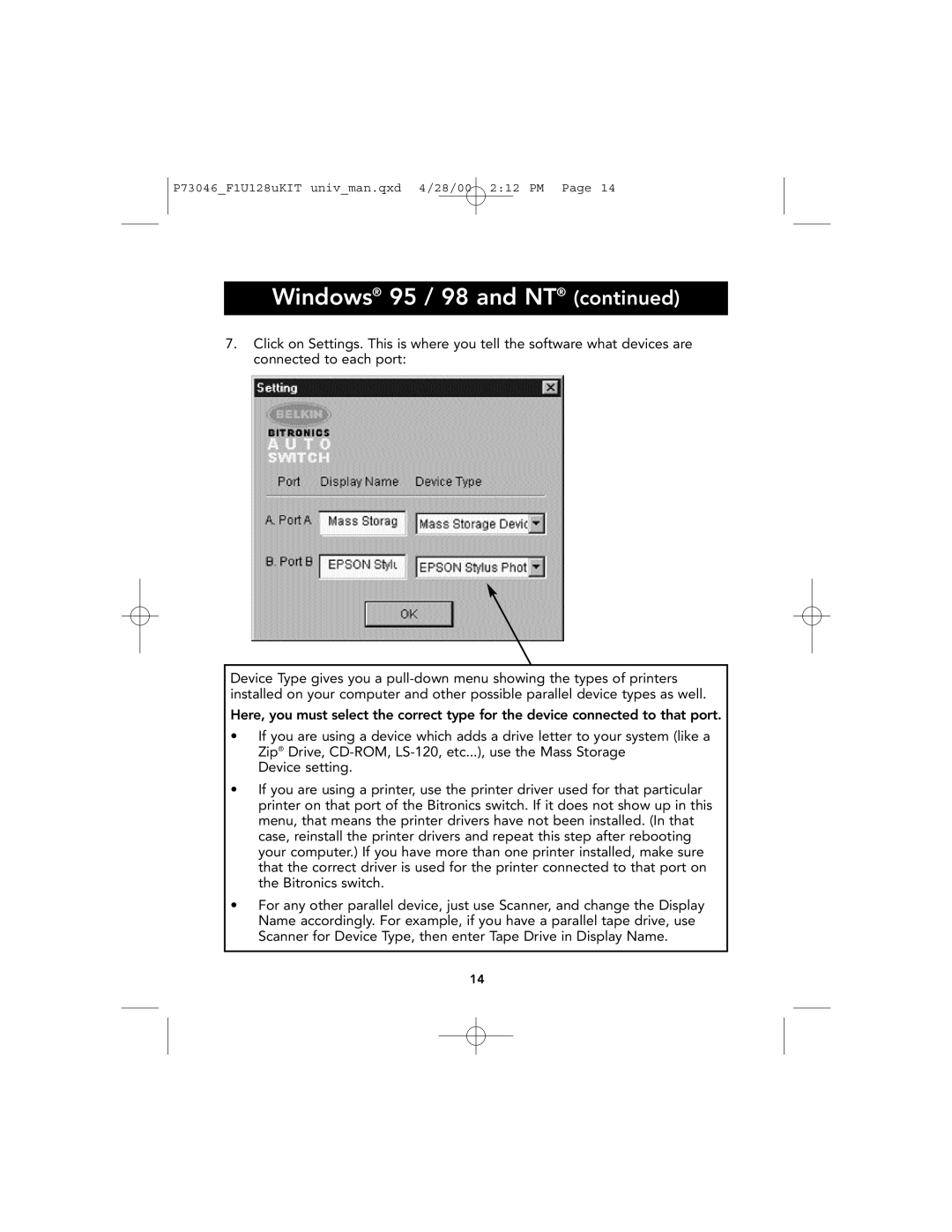 Belkin P73046, F1U128 user manual Windows 95 / 98 and NT 