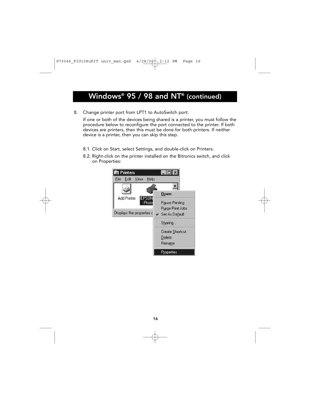 Belkin P73046, F1U128 user manual Windows 95 / 98 and NT 