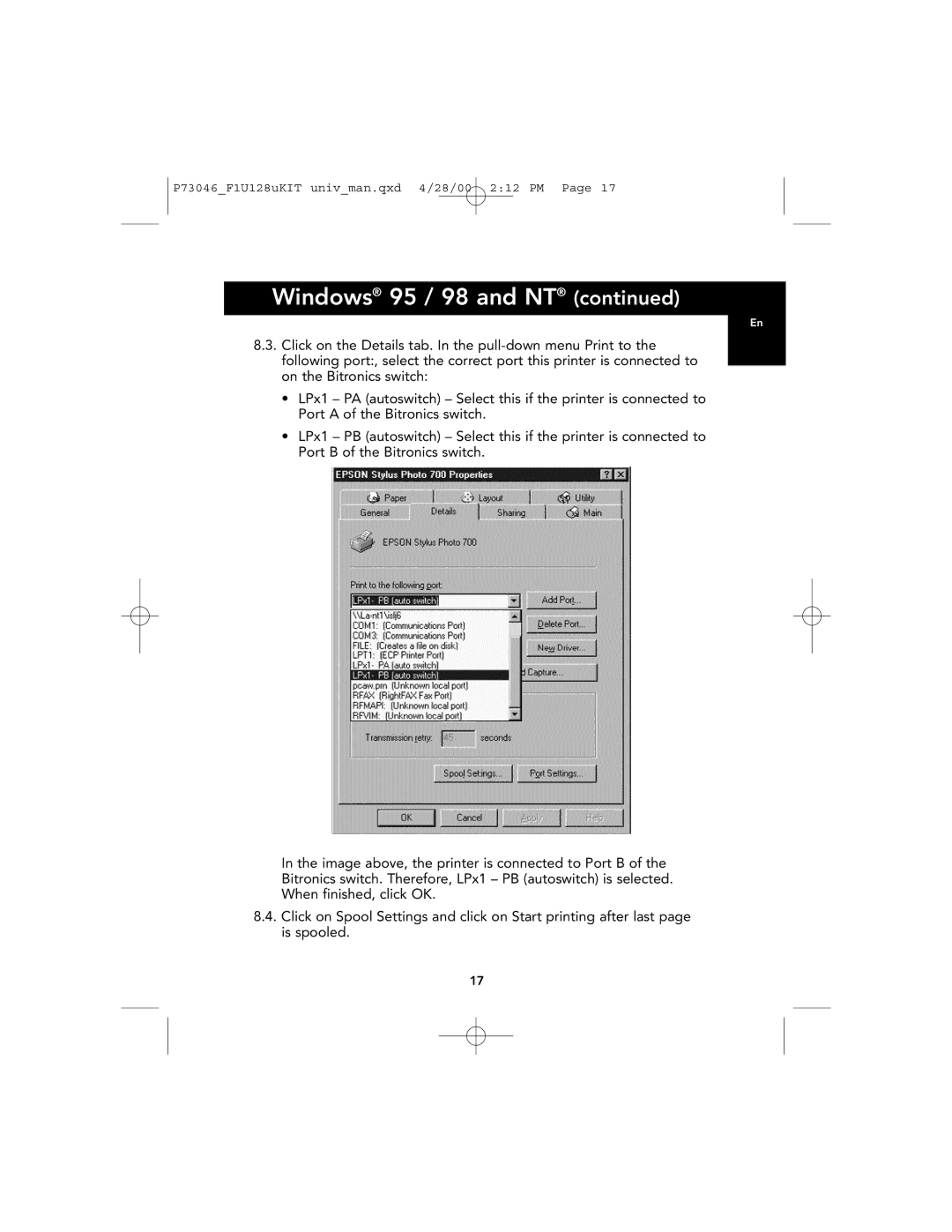 Belkin F1U128, P73046 user manual Windows 95 / 98 and NT 